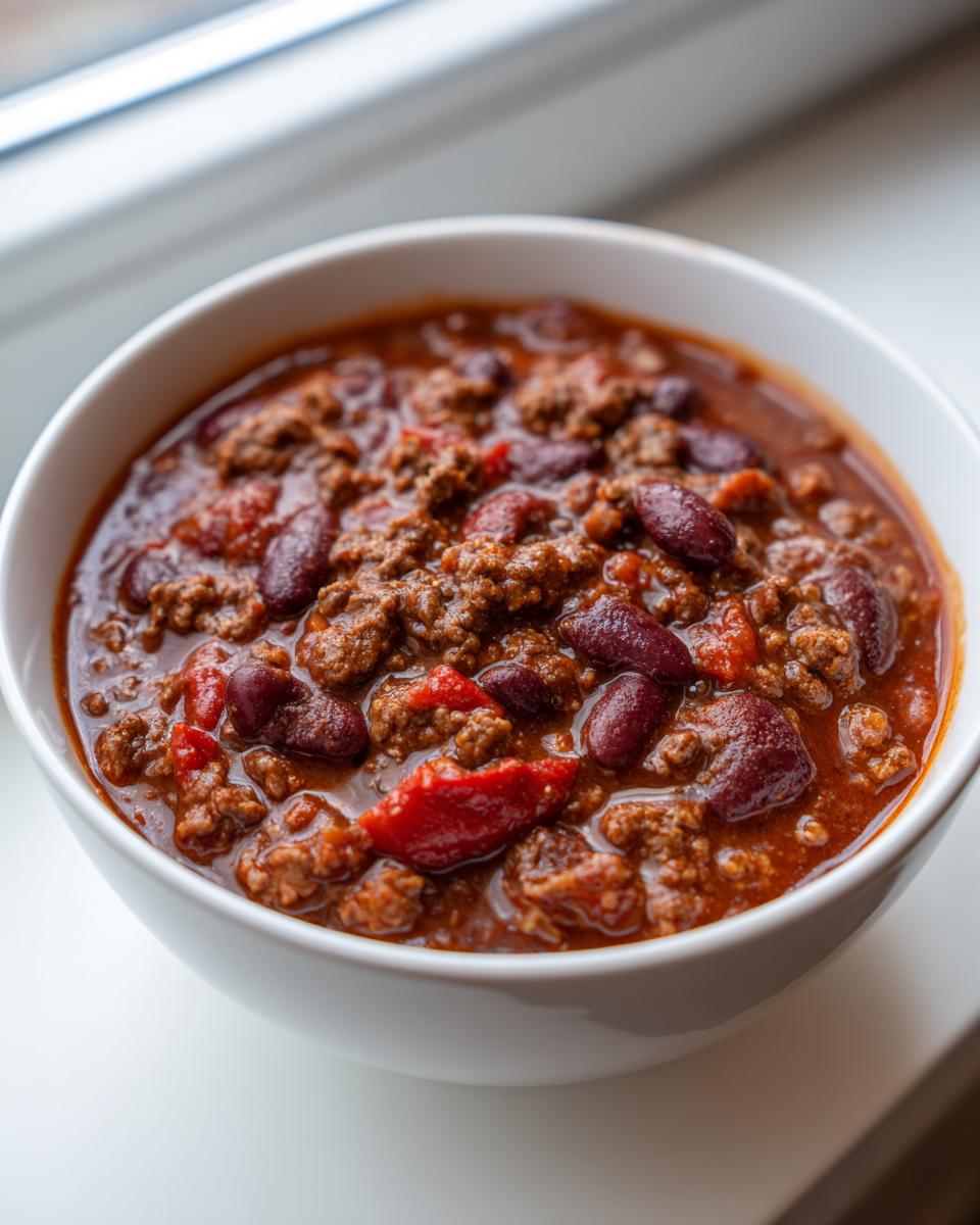 Close-up of a white bowl filled with rich, meaty chili featuring kidney beans and red peppers.