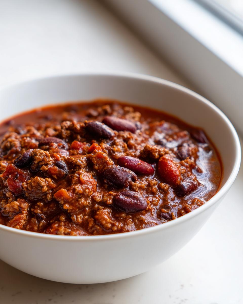 Close-up of a white bowl filled with rich, hearty chili featuring ground meat and kidney beans.