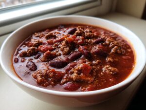 Close-up of a white bowl filled with rich, thick Amazing 1-Pot chili featuring ground beef and kidney beans.