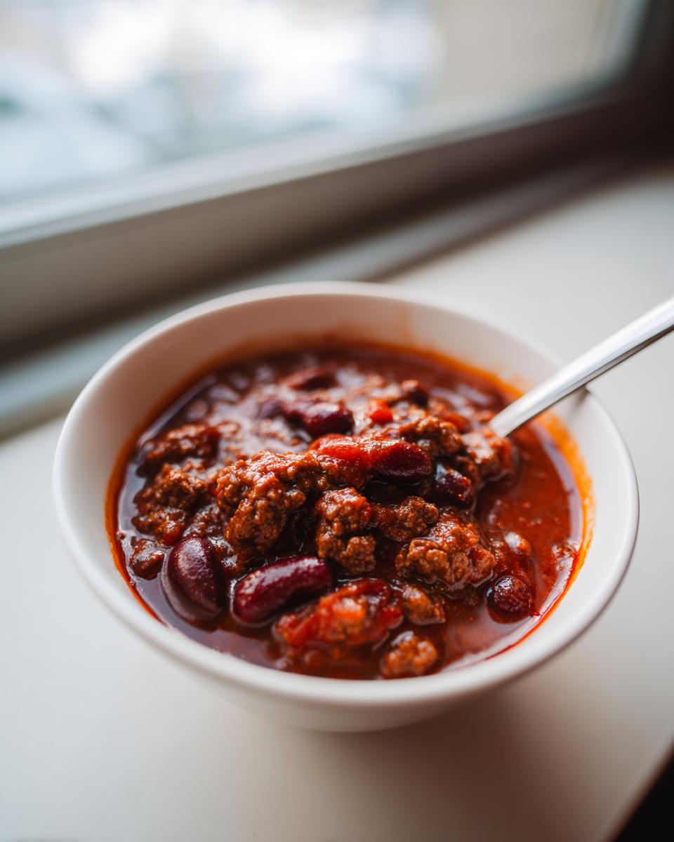 Close-up of a white bowl filled with rich, meaty chili featuring kidney beans, ready to eat.
