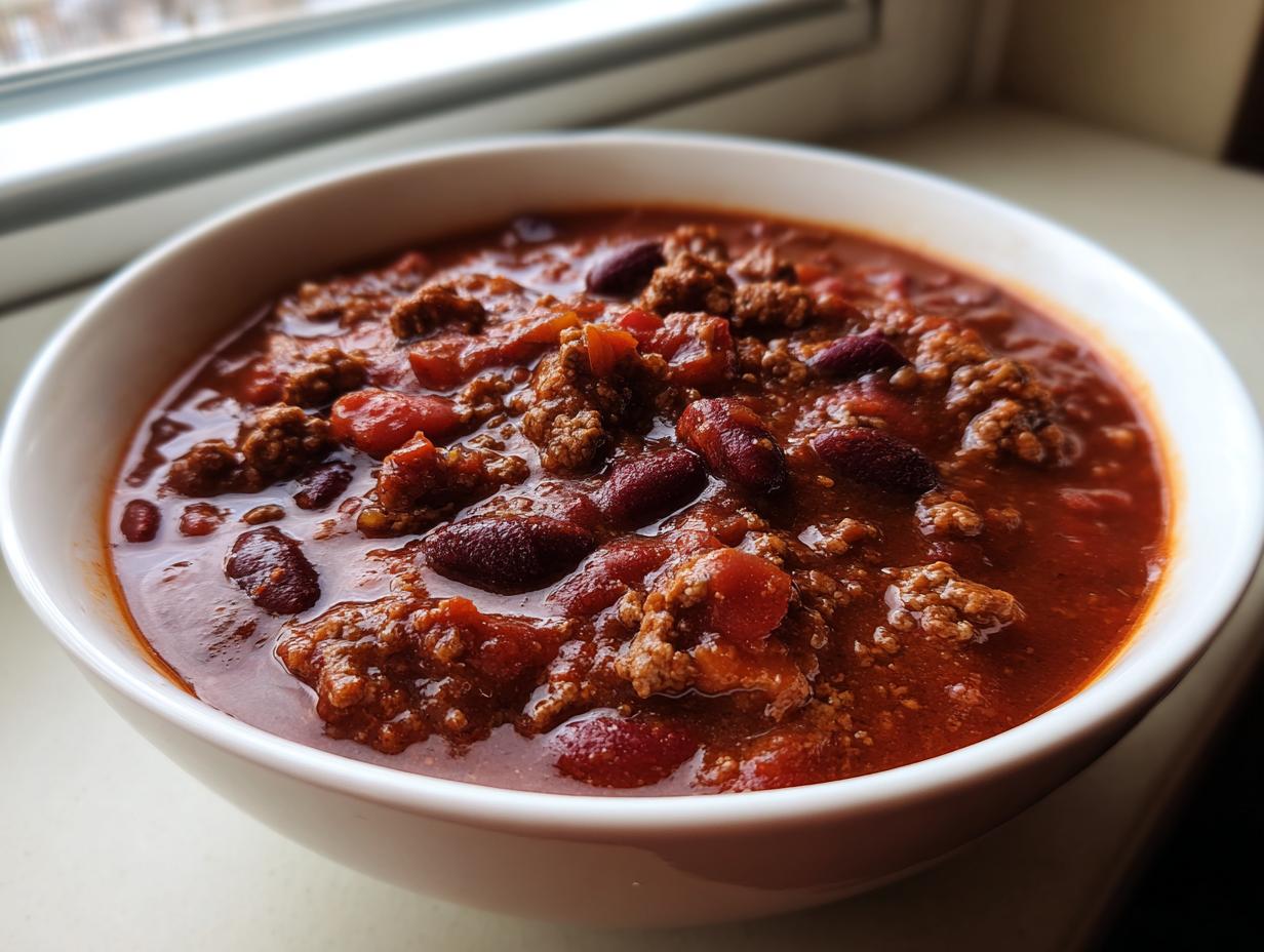Close-up of a white bowl filled with rich, thick Amazing 1-Pot chili featuring ground beef and kidney beans.