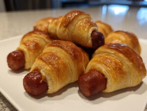 Close-up of several golden brown pigs in a blanket appetizers arranged on a white plate.