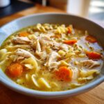 Close-up of a bowl of amazing 45-minute chicken soup with shredded chicken, egg noodles, and carrots.