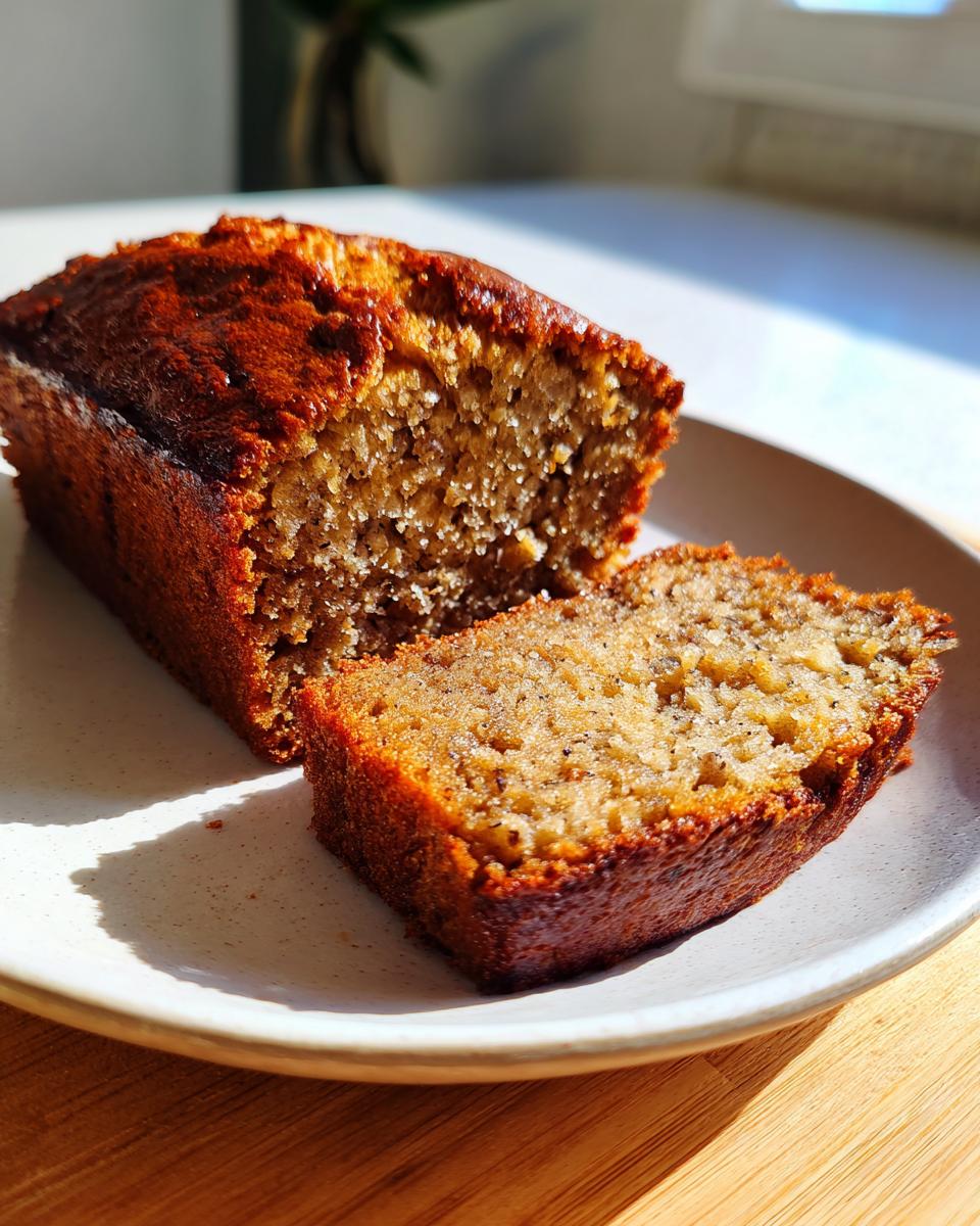 A close-up of a moist slice cut from a loaf of amazing banana bread recipe, showing its rich brown crust.