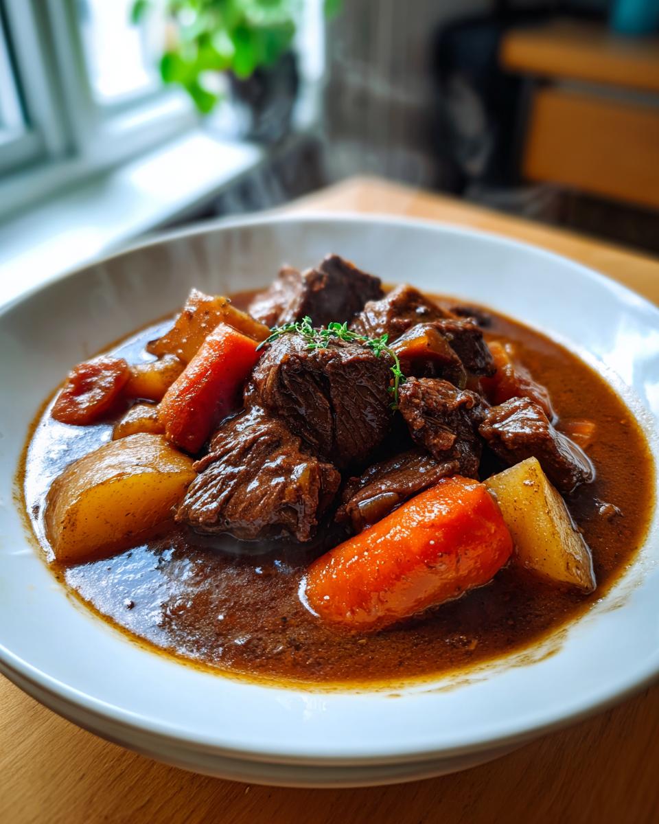 Close-up of tender chunks of beef stew with carrots and potatoes in a rich brown gravy, garnished with thyme.