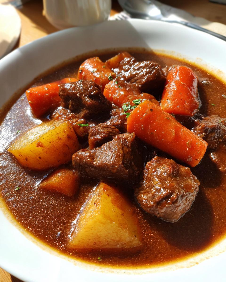 Close-up of tender chunks of beef, carrots, and potatoes in a rich gravy from the amazing beef stew.