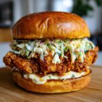A close-up view of an amazing buffalo chicken sandwich featuring crispy fried chicken, creamy slaw, and sauce on a brioche bun.