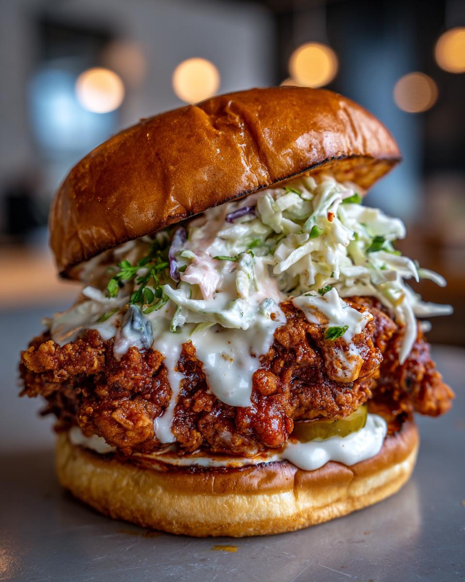 A close-up, appetizing shot of a buffalo chicken sandwich featuring crispy fried chicken, creamy coleslaw, and sauce on a brioche bun.