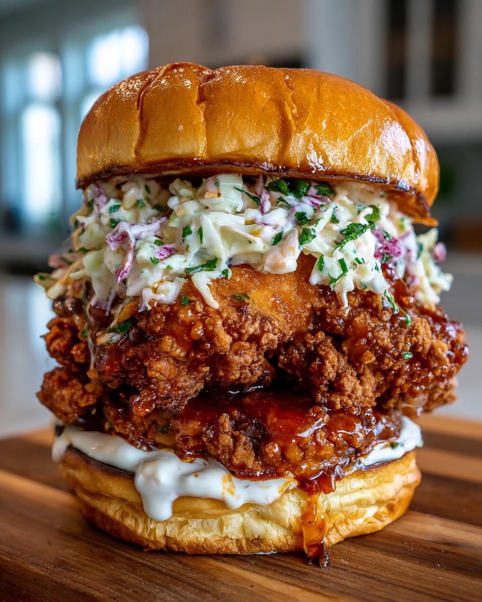 A towering buffalo chicken sandwich featuring crispy fried chicken coated in sauce, creamy slaw, and sauce on a brioche bun.
