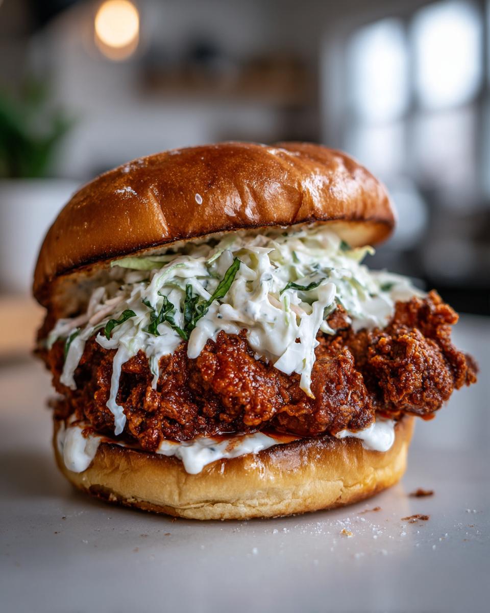 A close-up of an amazing buffalo chicken sandwich featuring a crispy, saucy patty, creamy coleslaw, and a brioche bun.