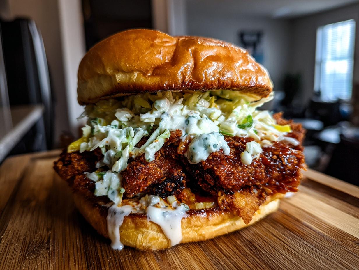 A close-up shot of an amazing buffalo chicken sandwich with crispy chicken, coleslaw, and blue cheese dressing on a brioche bun.