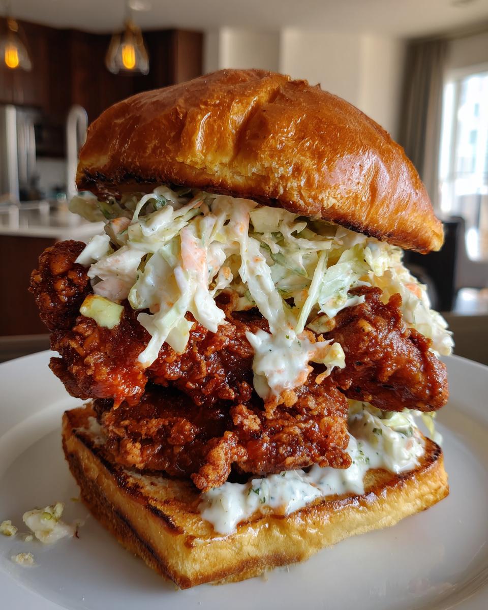 A towering buffalo chicken sandwich featuring crispy fried chicken, creamy coleslaw, and a toasted brioche bun.