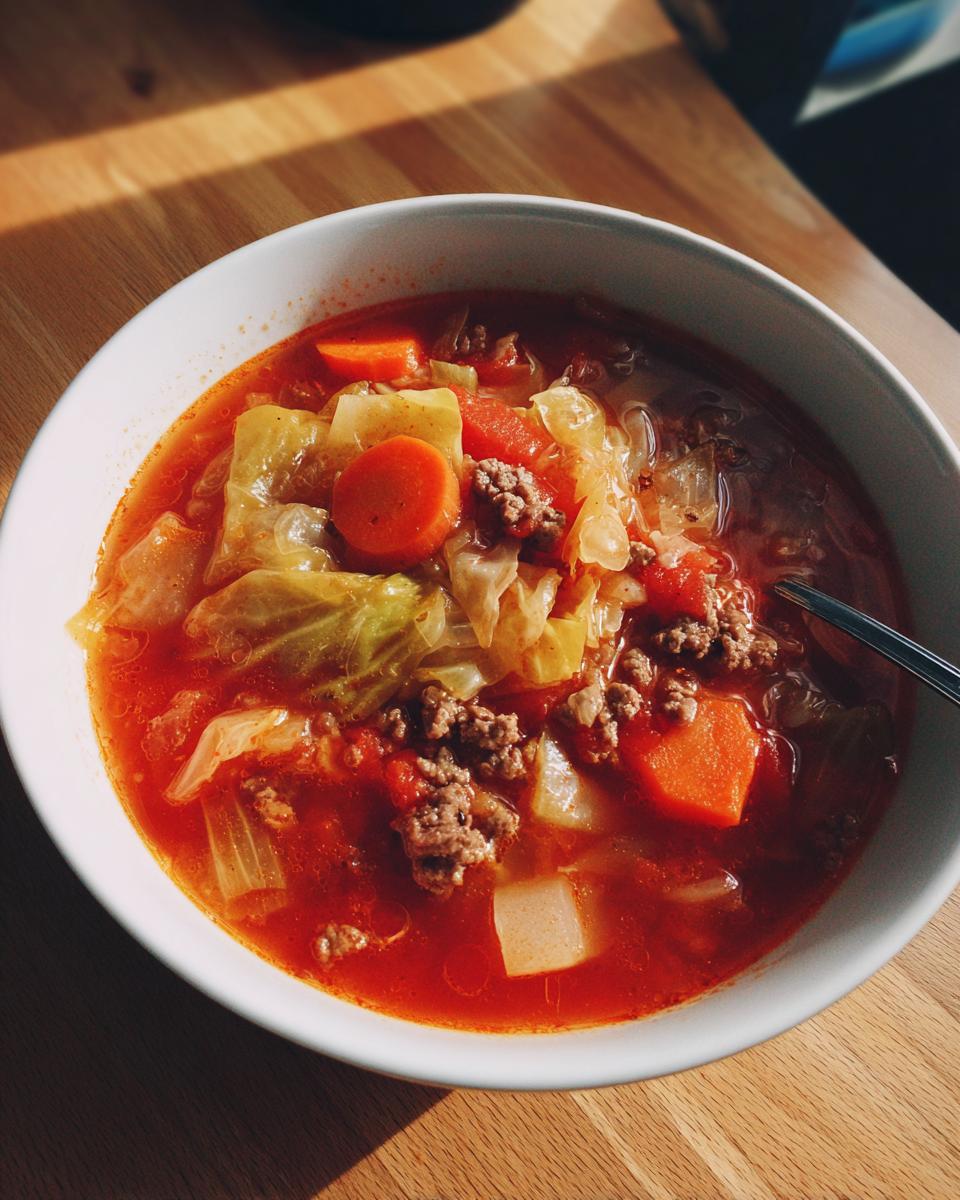 Close-up of a white bowl filled with rich, red cabbage soup featuring ground beef, carrots, and cabbage chunks.