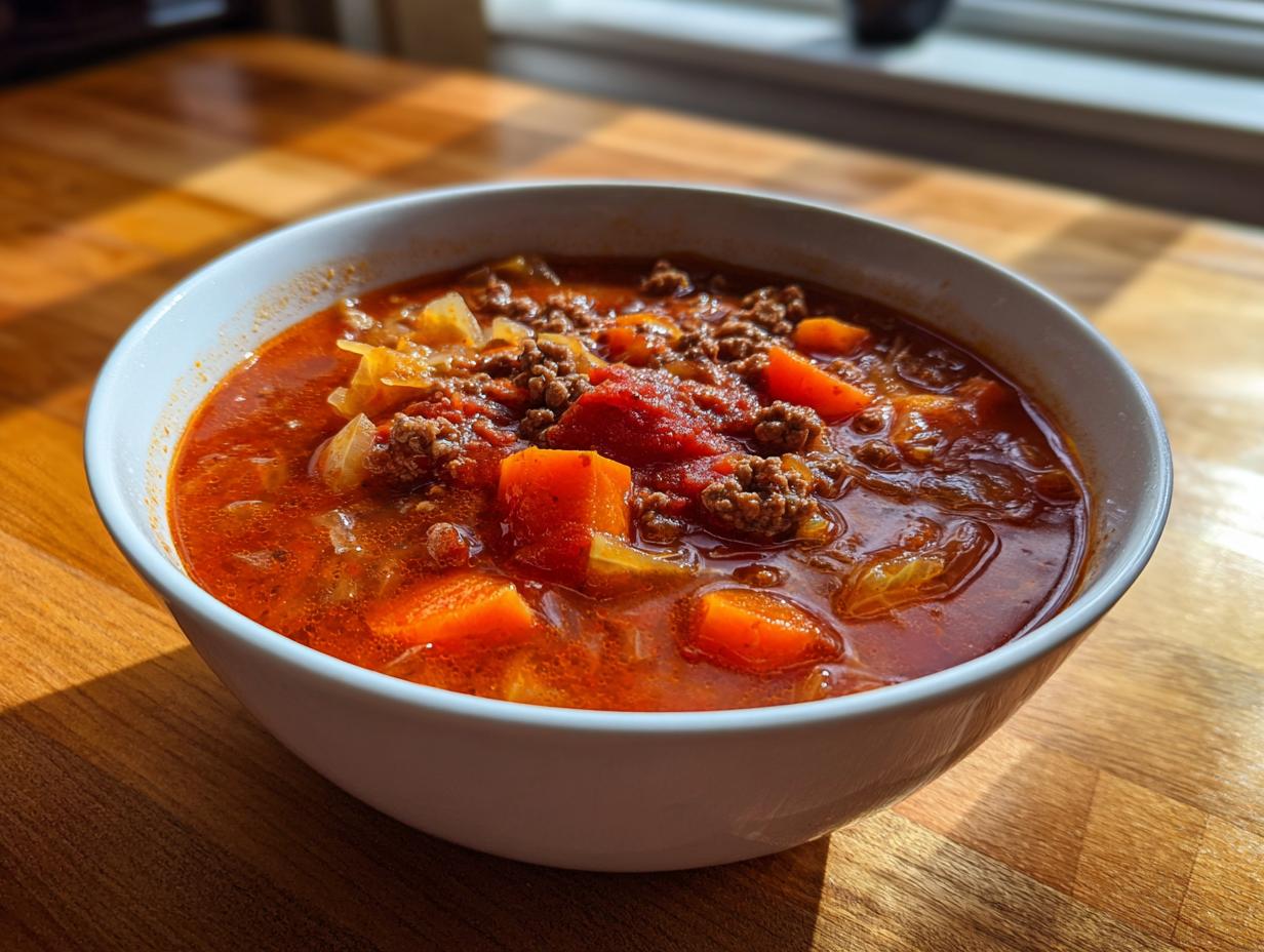 A close-up of a white bowl filled with rich, red cabbage soup featuring ground beef and chunks of carrot.