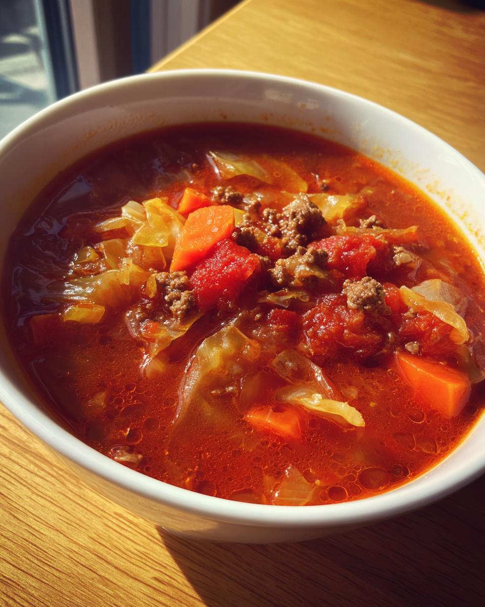 Close-up of a white bowl filled with rich, red cabbage soup containing ground meat, carrots, and tomatoes.