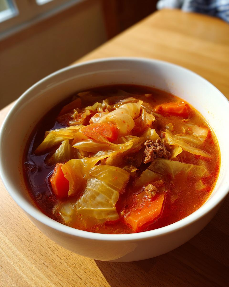 Close-up of a white bowl filled with rich, red cabbage soup featuring large pieces of cooked cabbage and carrots.