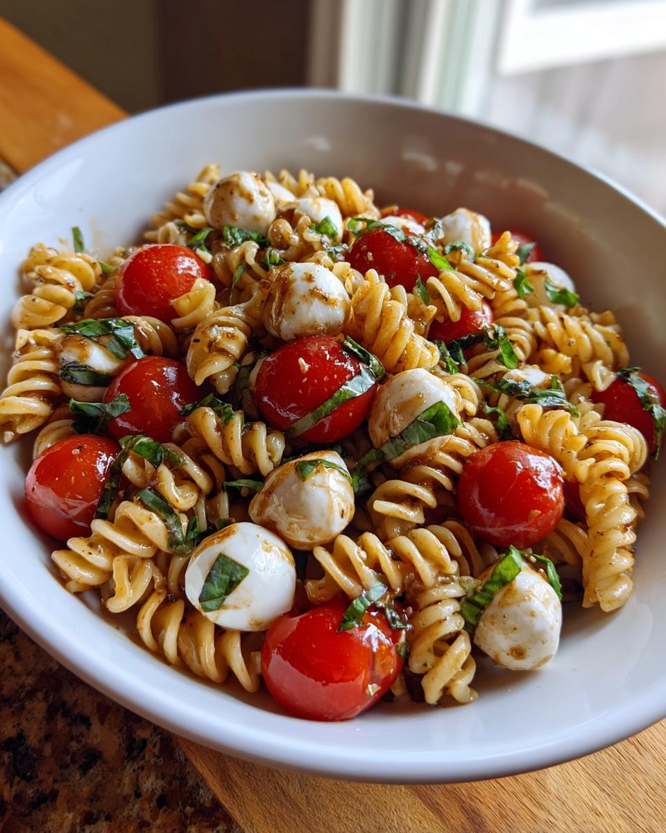 A close-up view of amazing caprese pasta salad featuring rotini pasta, cherry tomatoes, mozzarella balls, and basil.