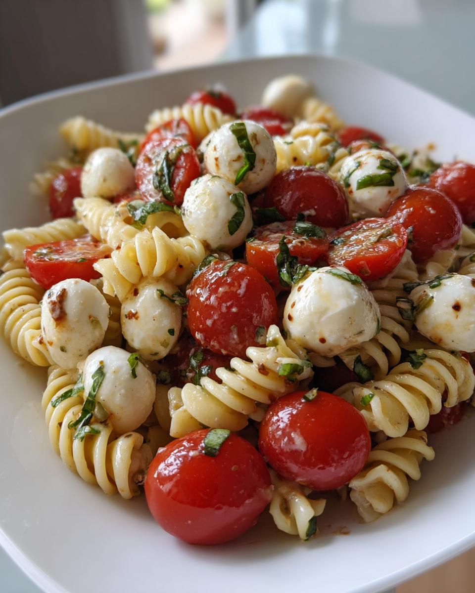 Close-up of amazing caprese pasta salad featuring rotini pasta, cherry tomatoes, and mozzarella balls.