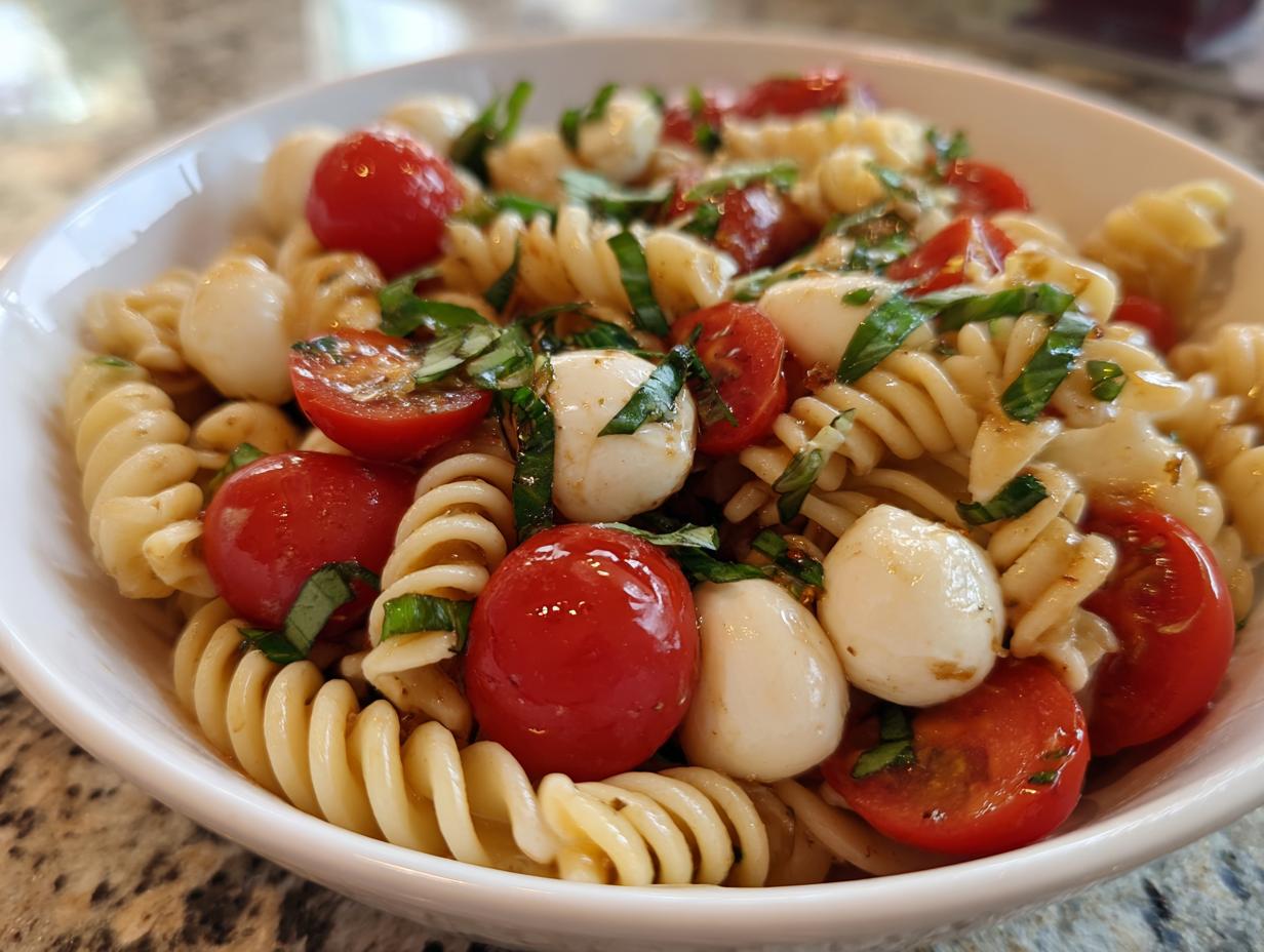 Close-up of fusilli pasta mixed with cherry tomatoes, mozzarella balls, and fresh basil in a caprese pasta salad.