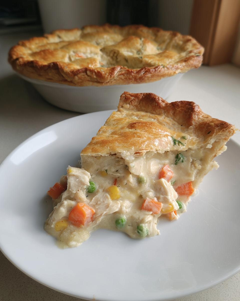 A slice of amazing chicken pot pie with creamy filling, chicken chunks, carrots, and peas, next to the whole pie.