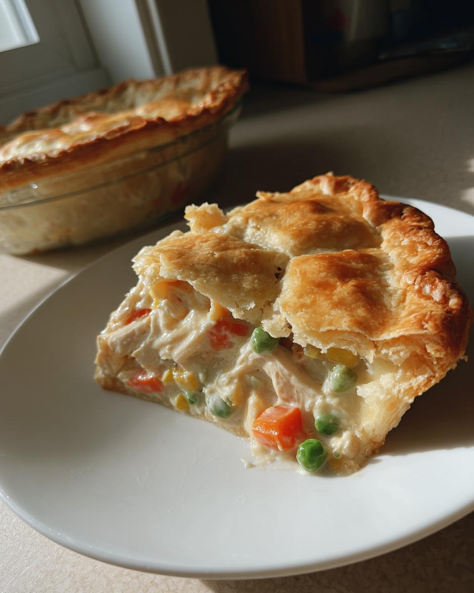 A slice of amazing chicken pot pie with a golden, flaky crust showing creamy filling, chicken, peas, and carrots.