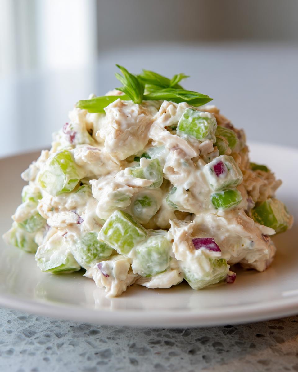 A mound of creamy chicken salad mixed with green celery chunks and red onion, garnished with fresh herbs.