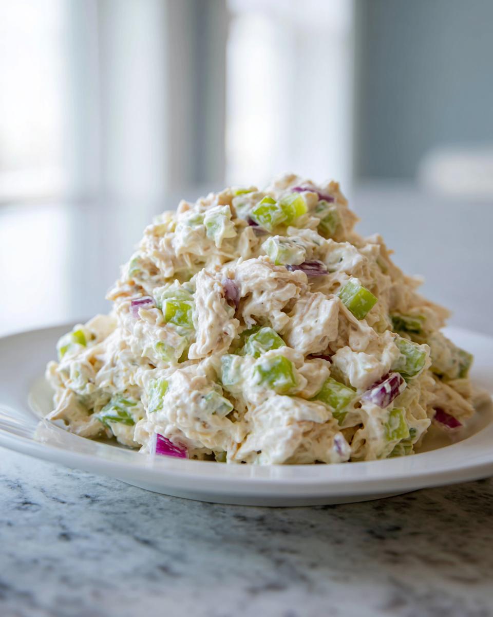A generous mound of creamy chicken salad mixed with celery and red onion served on a white plate.