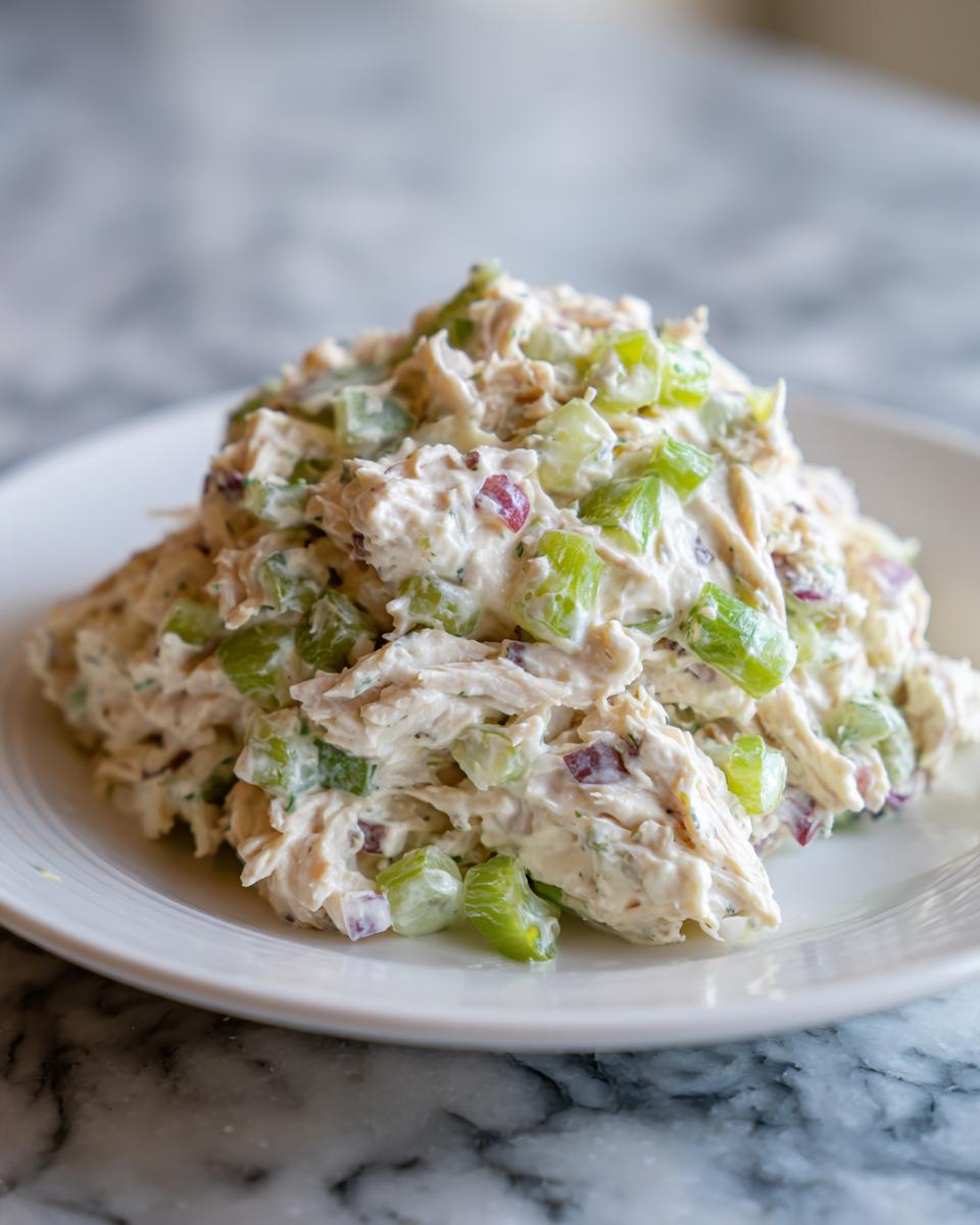 A generous mound of creamy chicken salad mixed with crisp celery and red onion served on a white plate.