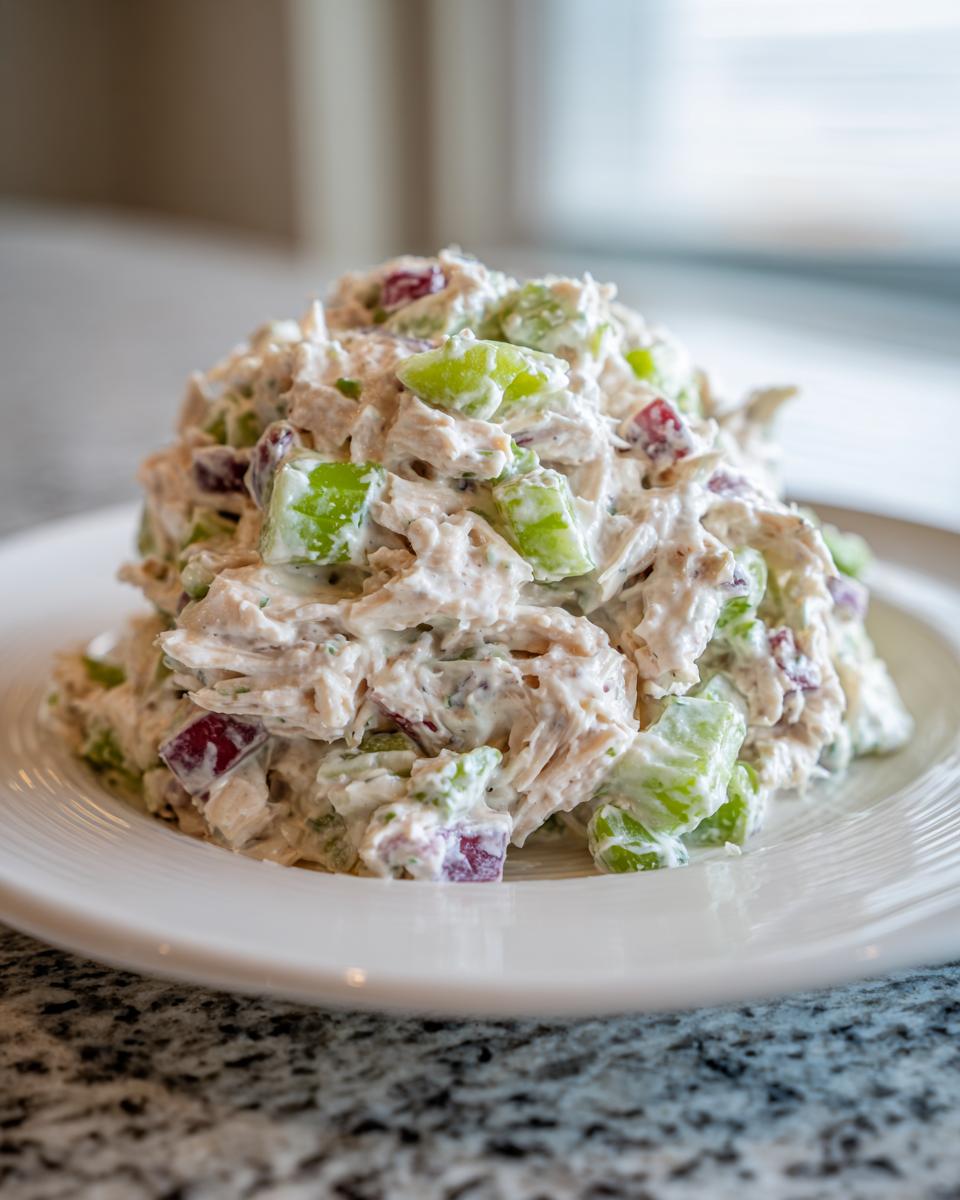 A mound of creamy chicken salad featuring shredded chicken, green grapes, and red onion served on a white plate.