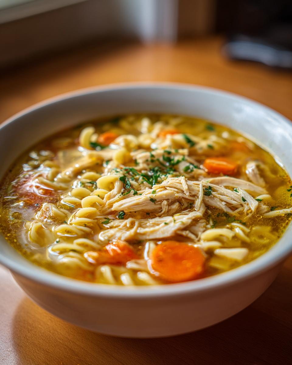 Close-up of a steaming bowl of homemade chicken soup featuring shredded chicken, egg noodles, and sliced carrots.