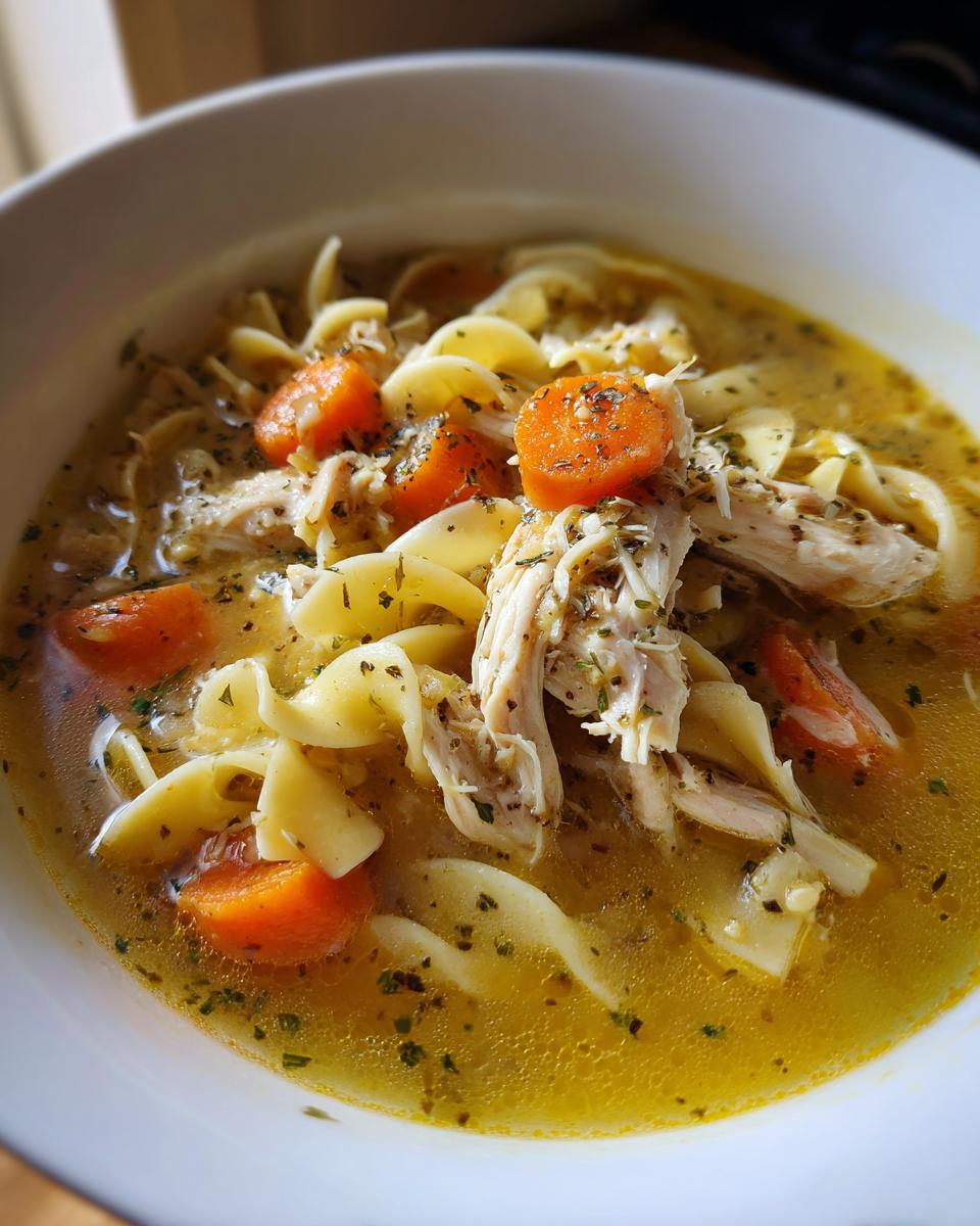 Close-up shot of a bowl of homemade chicken soup featuring shredded chicken, egg noodles, carrots, and herbs.