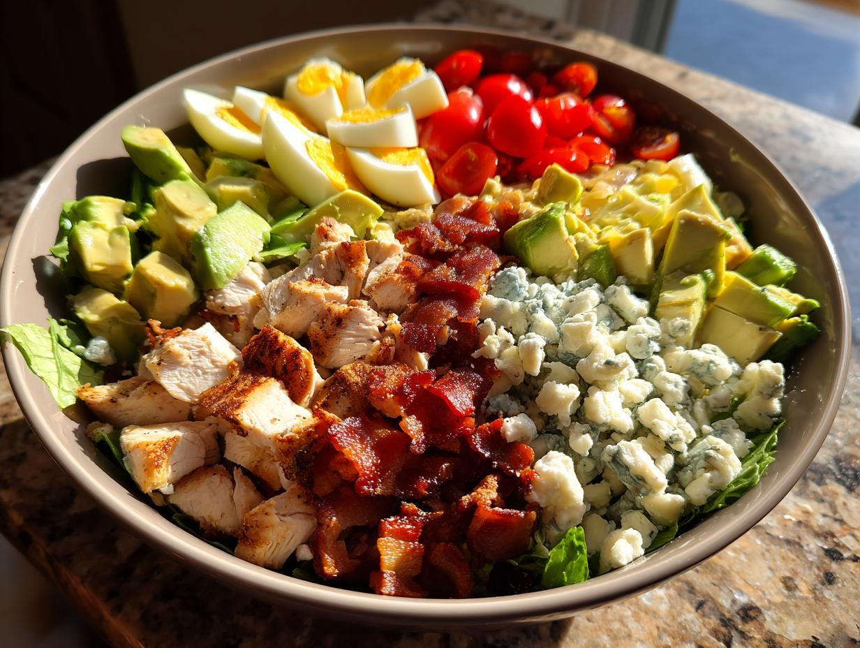 A large bowl filled with arranged ingredients for a classic cobb salad, including chicken, bacon, avocado, and blue cheese.