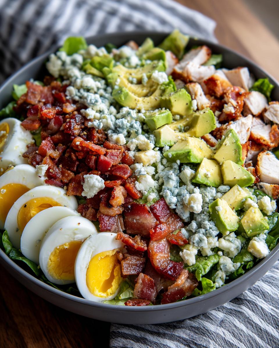 A vibrant, fully loaded cobb salad featuring rows of hard-boiled eggs, crispy bacon, avocado, blue cheese, and chicken.