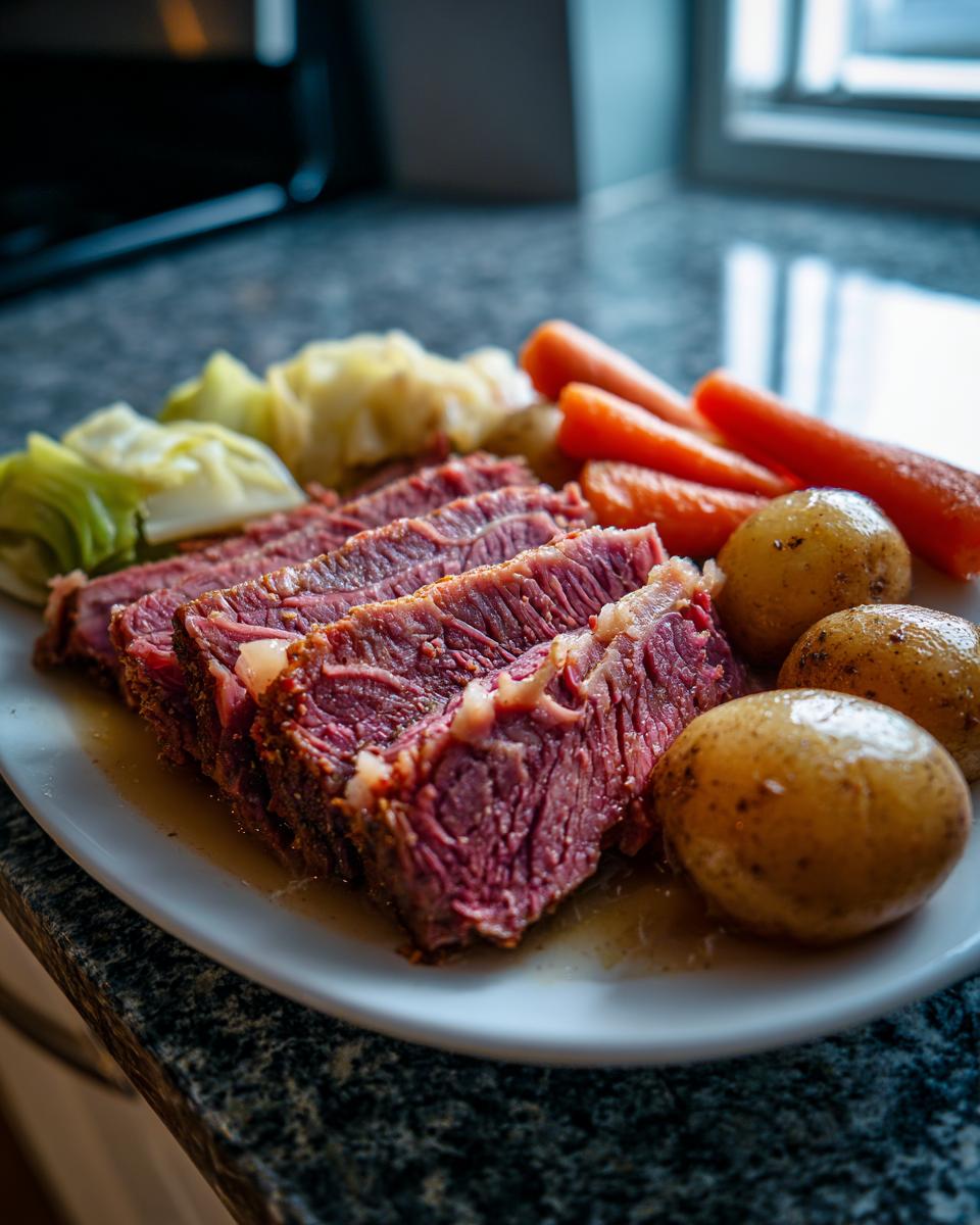 Slices of tender corned beef served on a white plate with boiled potatoes, carrots, and cabbage.