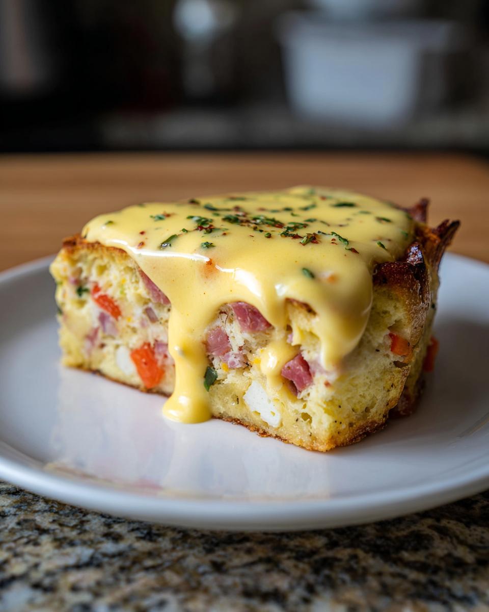 A square slice of eggs benedict casserole topped with rich hollandaise sauce and herbs.