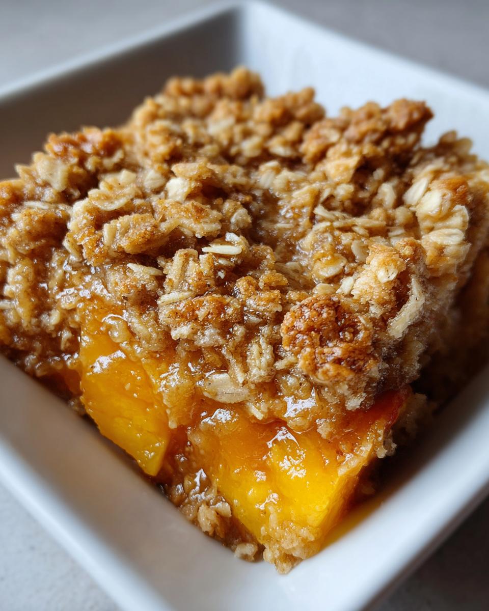 A close-up shot of a square serving of warm peach crisp showing juicy baked peaches under a golden, crumbly oat topping.