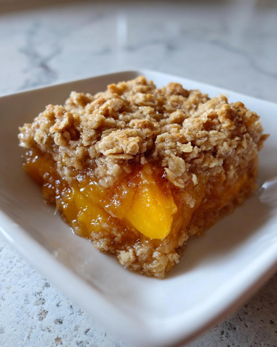 A square serving of warm peach crisp with a thick oat topping and gooey peach filling.