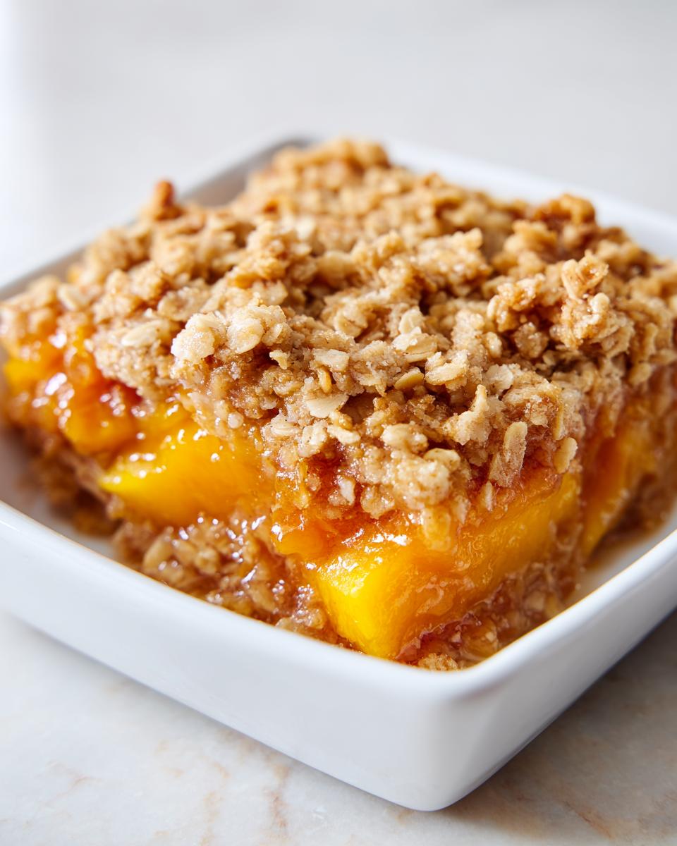 Close-up of a square serving of amazing peach crisp with juicy peaches and a crunchy oat topping.