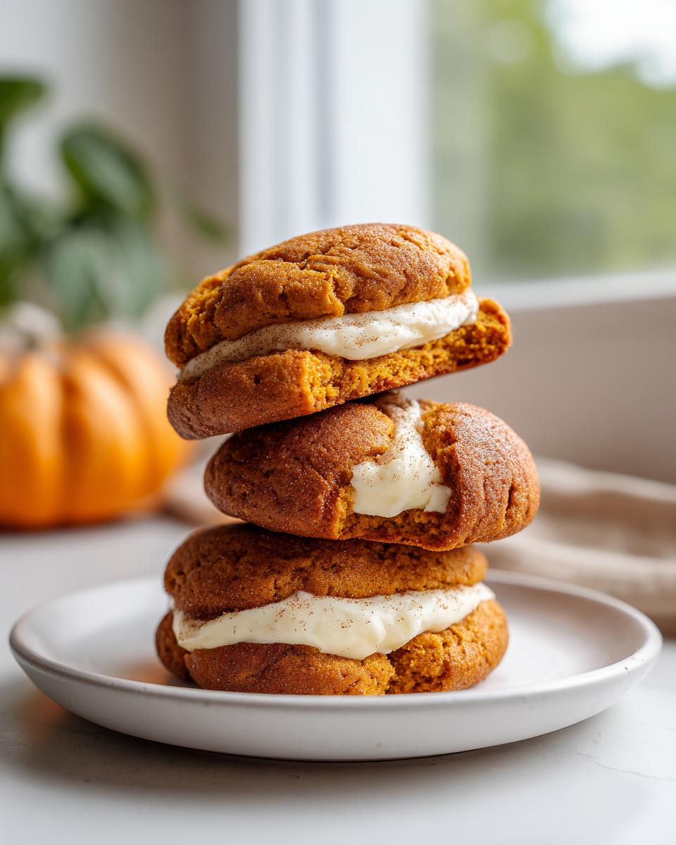 A stack of three soft pumpkin cheesecake cookies filled with cream cheese frosting, dusted with spice.