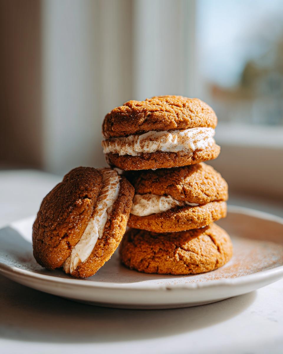 A stack of three delicious pumpkin cheesecake cookies filled with cream cheese frosting, dusted with spice.