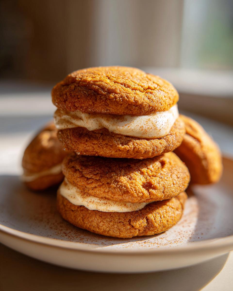 A stack of two amazing pumpkin cheesecake cookies filled with cream cheese frosting, dusted with cinnamon.