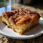 Close-up of a gooey, caramelized slice of amazing snickerdoodle cobbler on a white plate.