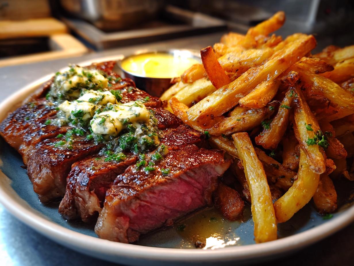 Close-up of perfectly cooked steak frites, featuring medium-rare steak topped with melting herb butter and a side of golden fries.