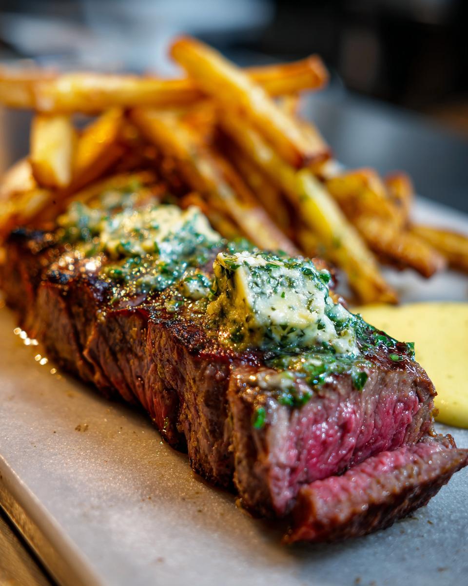 Close-up of sliced steak frites showing medium-rare center, topped with melting herb butter, with fries in the background.