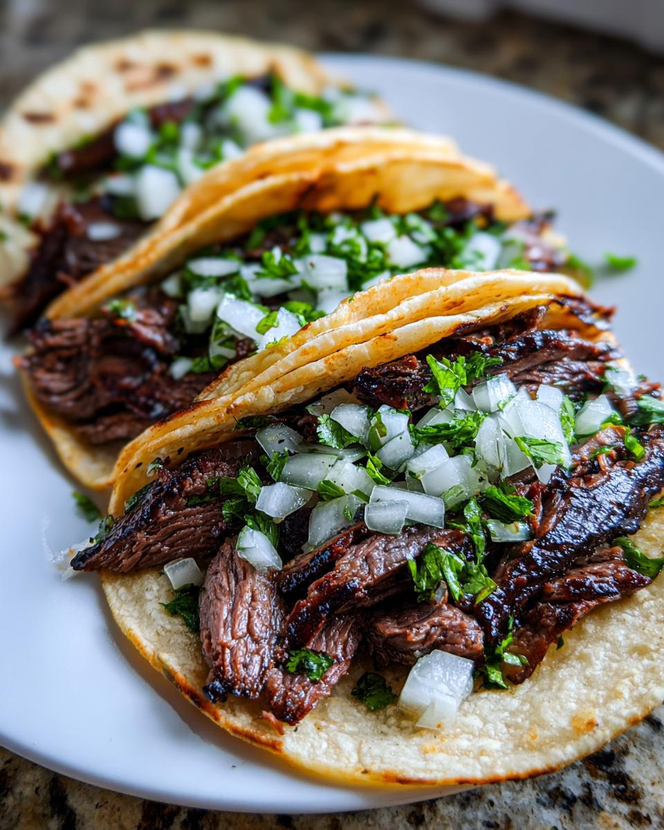 Three street-style steak tacos filled with juicy grilled steak, topped with fresh diced white onion and cilantro.