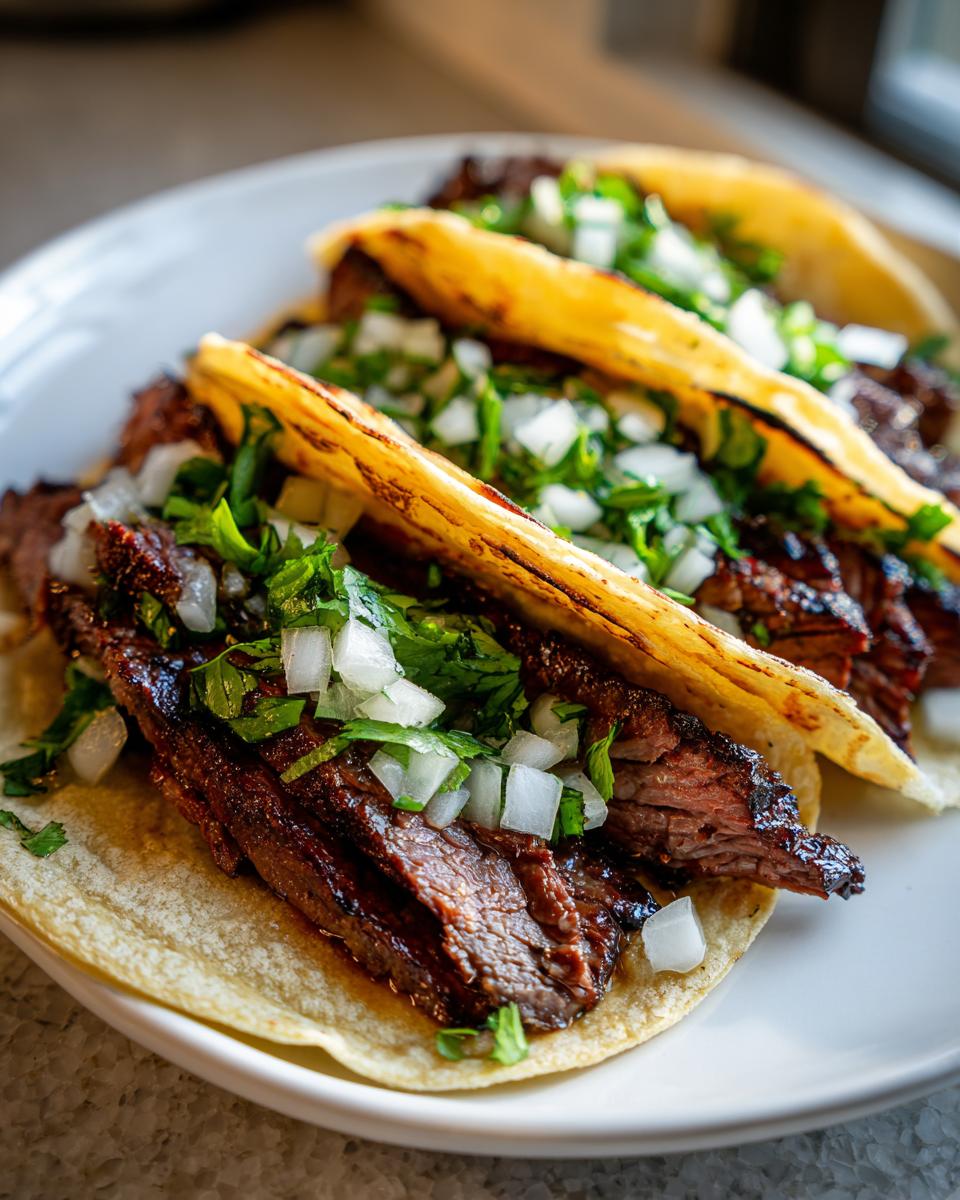 Close-up of three delicious steak tacos filled with grilled, juicy meat, topped with diced white onion and cilantro.