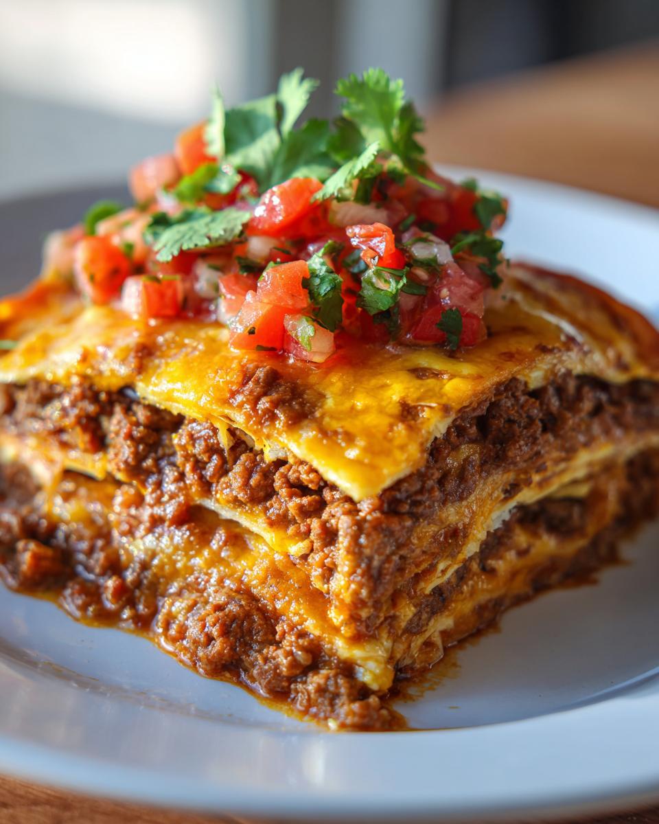 Close-up of a layered slice of amazing taco pie topped with melted cheese and fresh pico de gallo.