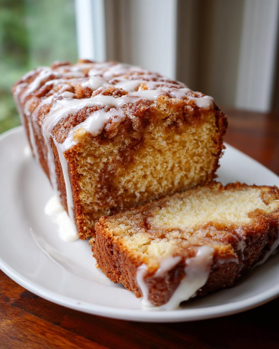 A loaf of moist apple fritter bread, sliced to show the cinnamon swirl interior and drizzled with white icing.