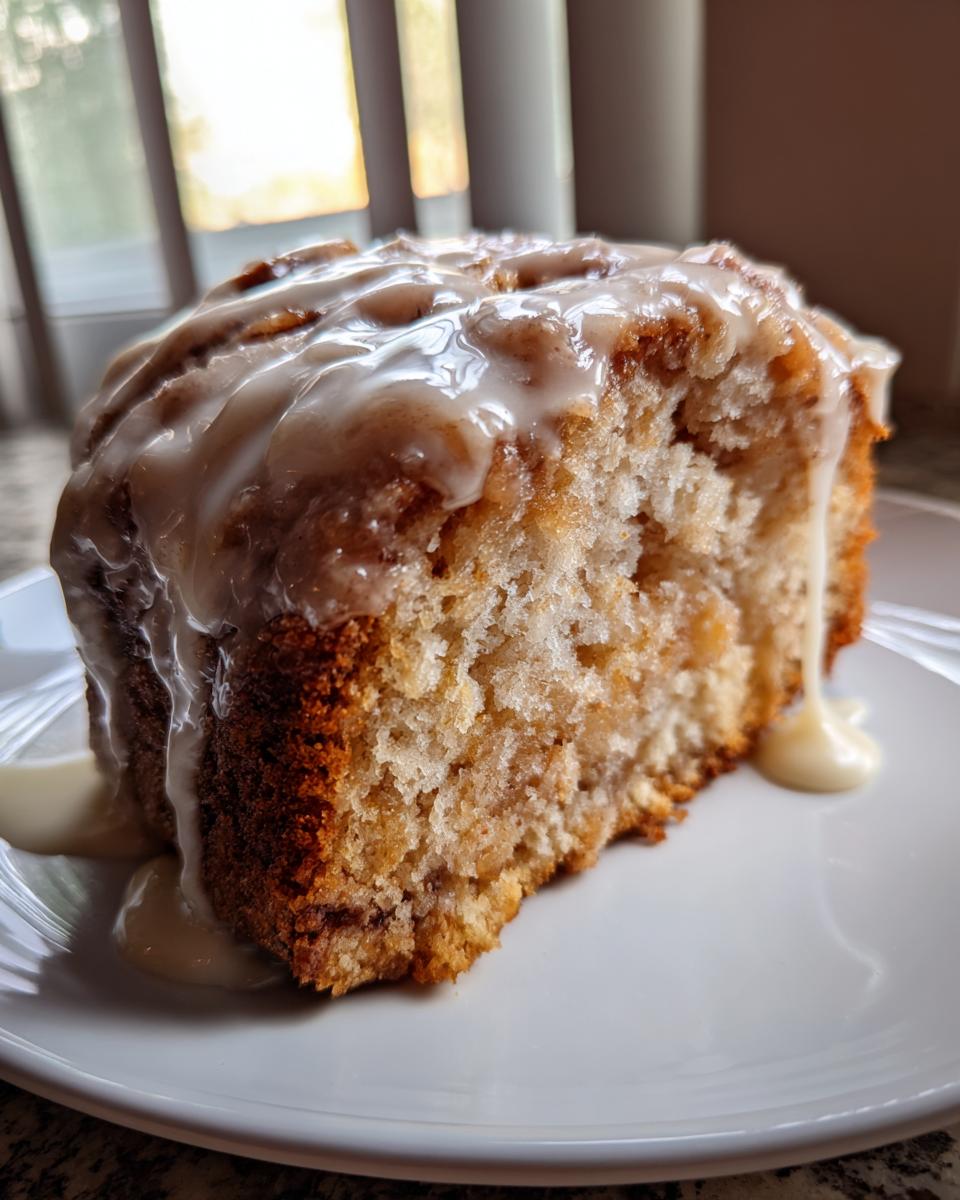 A close-up of a moist slice of apple fritter bread topped with thick, dripping vanilla glaze.