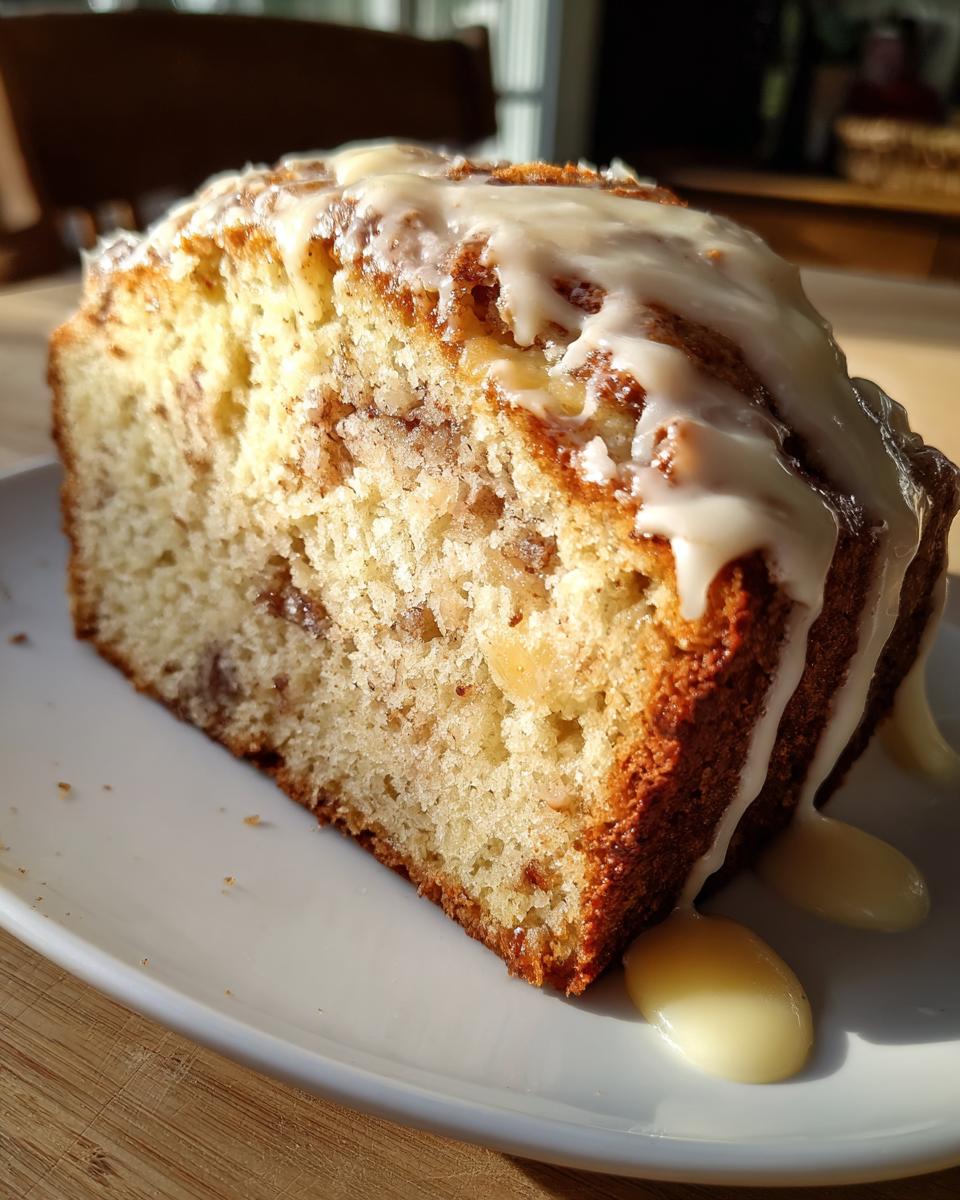 A close-up slice of moist apple fritter bread topped with thick vanilla glaze dripping onto a white plate.
